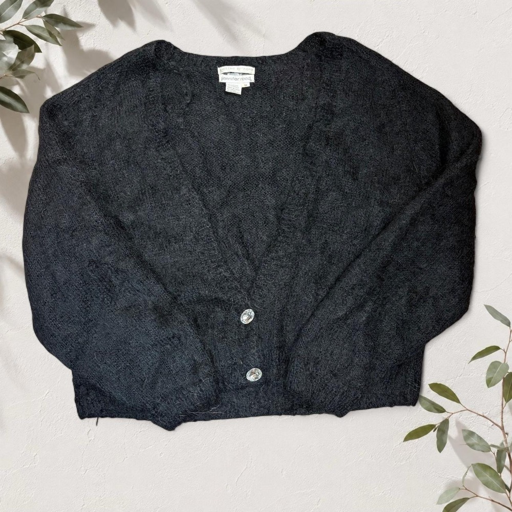 Jennifer Reed Black Mohair Hand Knit Rhinestone Button Cardigan Sweater Size M